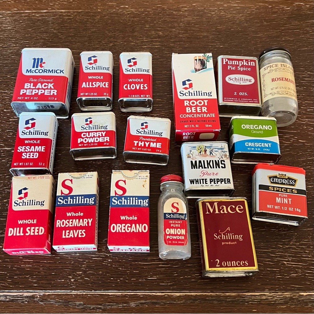 Vintage, Schilling (and other brands) spice tin lot